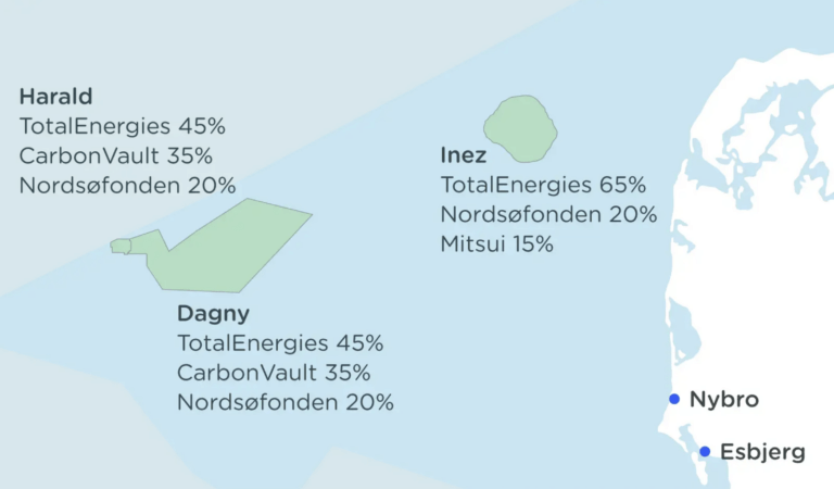 Grafik der viser ee tre licensområder til CO2-lagring i den danske del af Nordsøen.